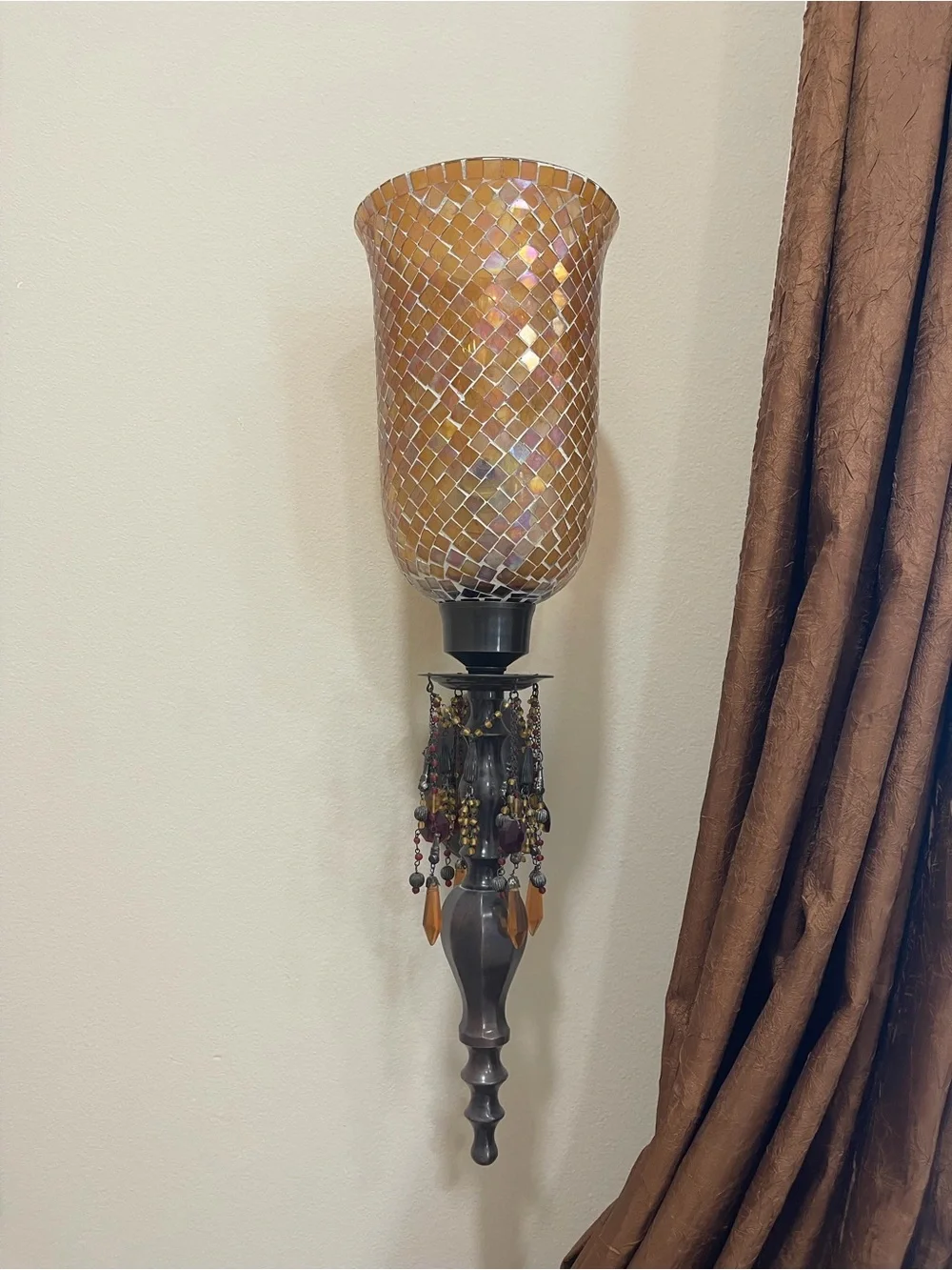 Amber Mosaic Glass Wall Sconce Pair with Beaded Accents